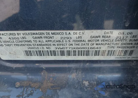 2006 Volkswagen Jetta Tdi from USA, damaged, VIN 3VWDT71K86M018640
